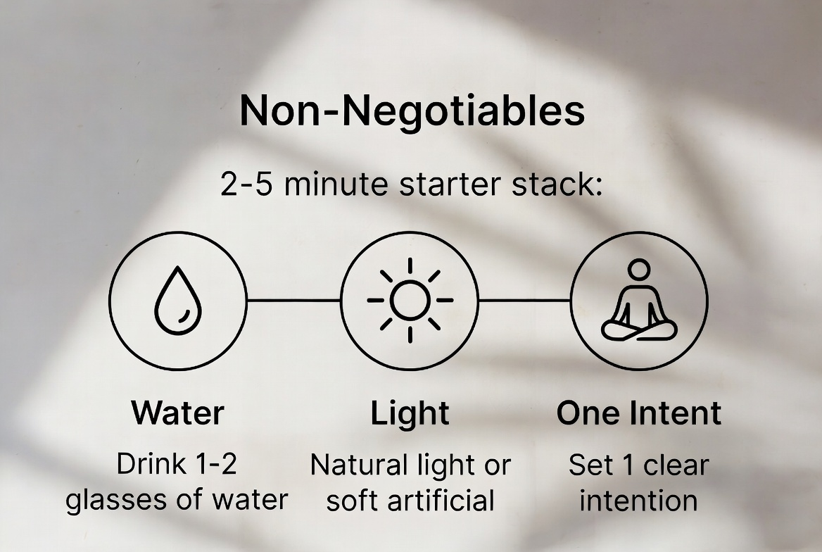 Infographic showing the 2–5 minute starter stack: Water → Light → One Intent, with icons and tiny tips.