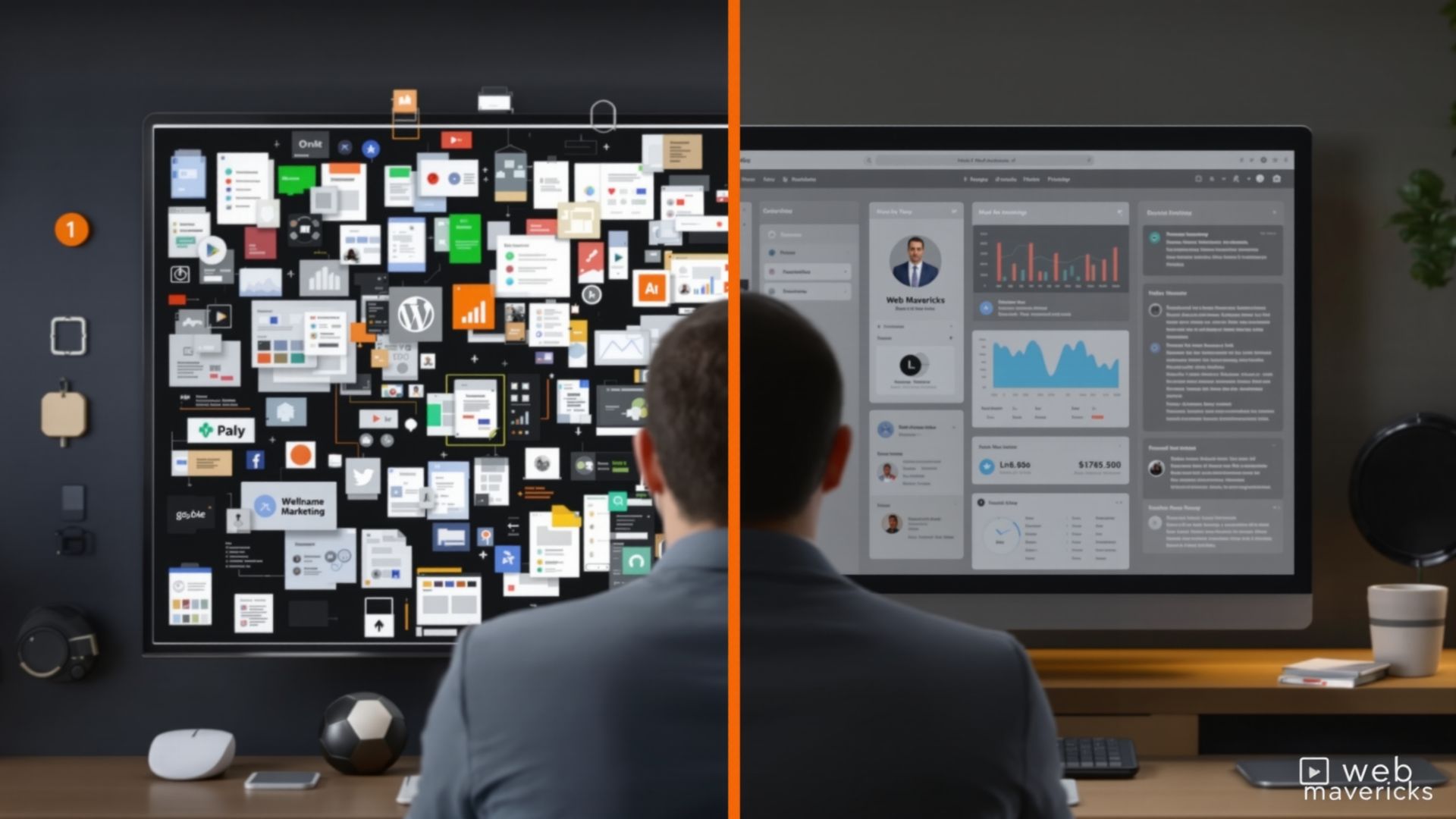A split image showing chaotic patchwork marketing tools on one side and a clean unified dashboard on the other, highlighting wasted money versus streamlined results. A split image showing chaotic patchwork marketing tools on one side and a clean unified dashboard on the other, highlighting wasted money versus streamlined results.