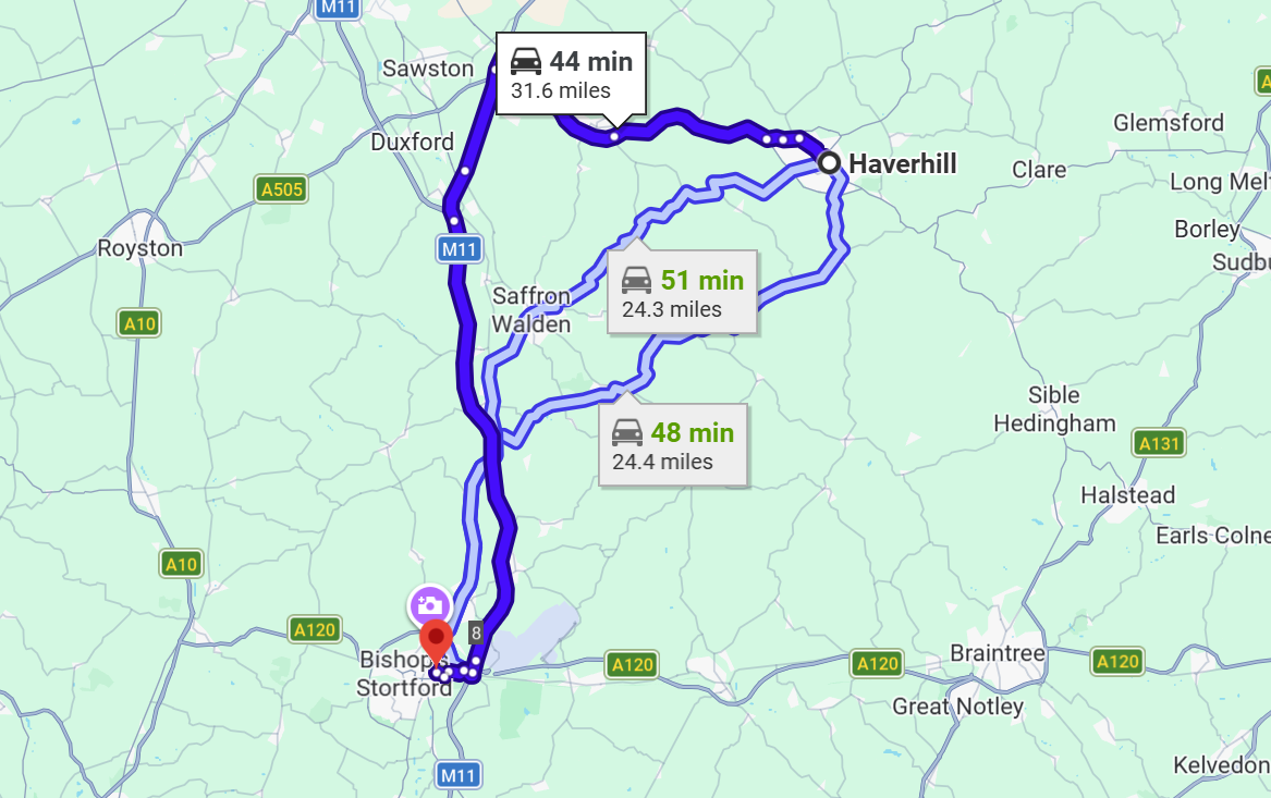 map to get from Haverhill to Dr Blooms Bishop's Stortford