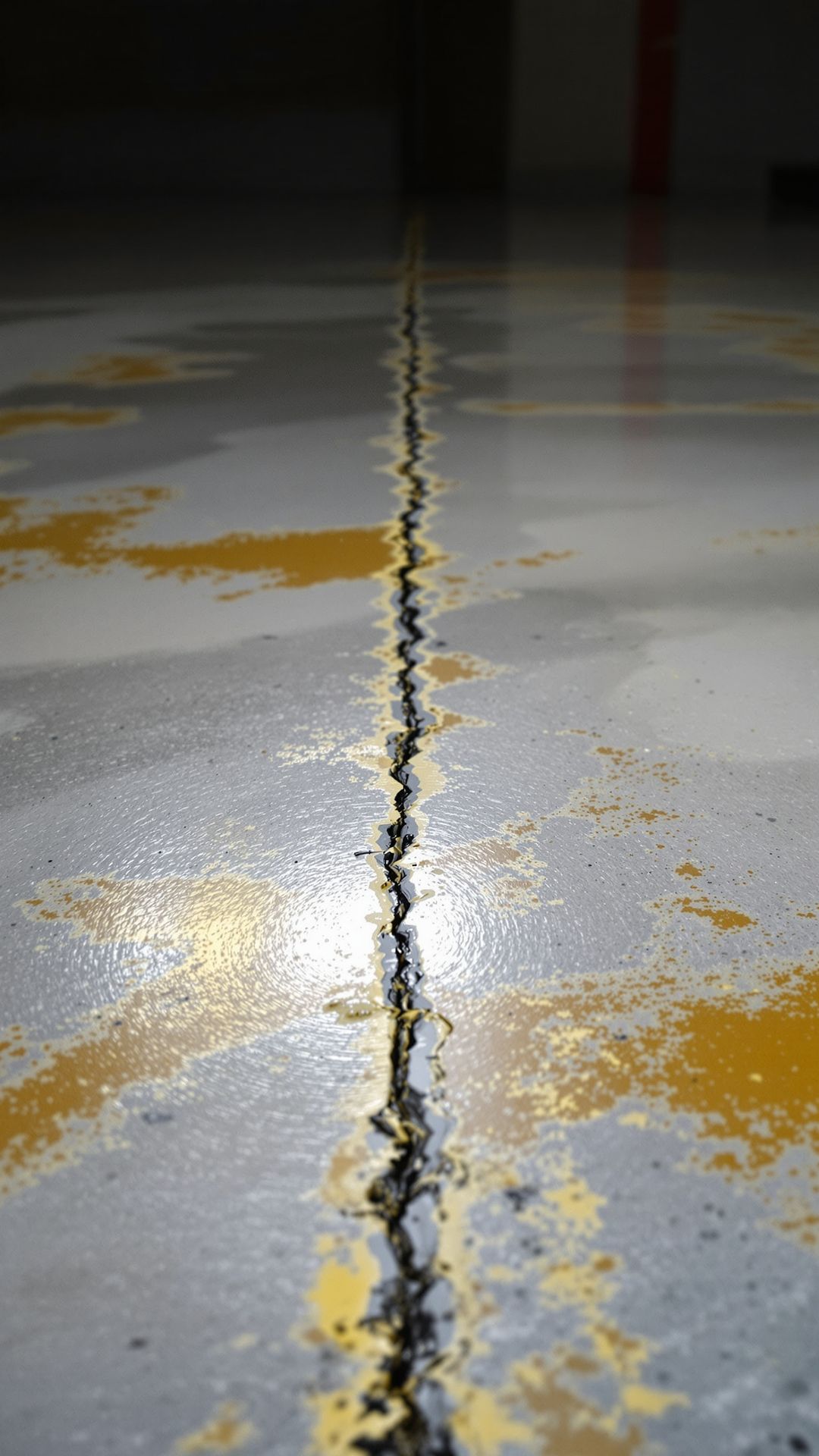 “Peeling epoxy garage floor with hot tire marks and yellow discoloration.” “Peeling epoxy garage floor with hot tire marks and yellow discoloration.”