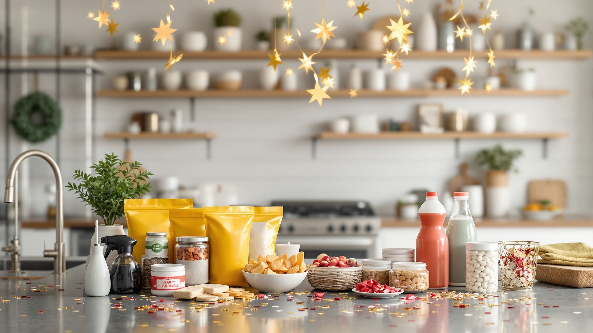 Kitchen counter with bulk New Year’s snacks and supplies ready for a celebration.