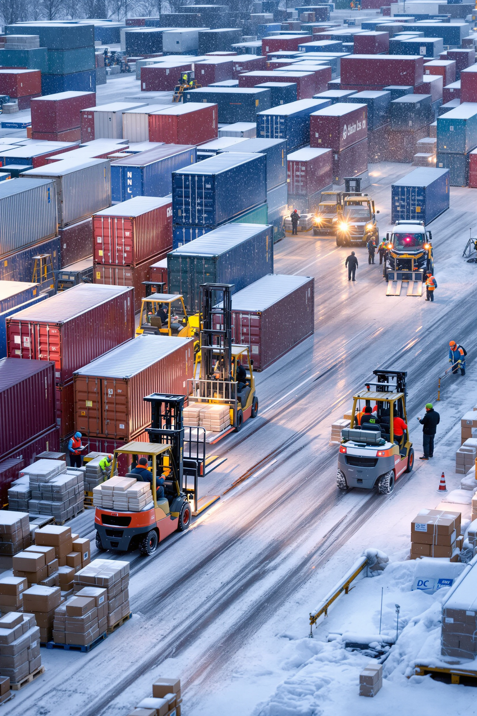 Busy stone warehouse with multiple countertop slab containers arriving during the holiday season, creating time pressure and higher unloading risks.