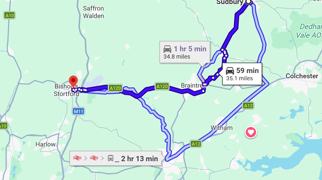 Map of Sudbury to Dr Blooms Bishop's Stortford